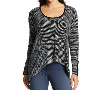 WHBM Women’s S Black White Striped Long Sleeve Asymmetrical Hem Tunic Blouse Top
